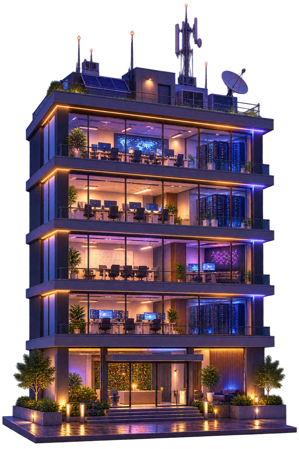 Prédio de TI 2.5D semirrealista com cinco andares iluminados
